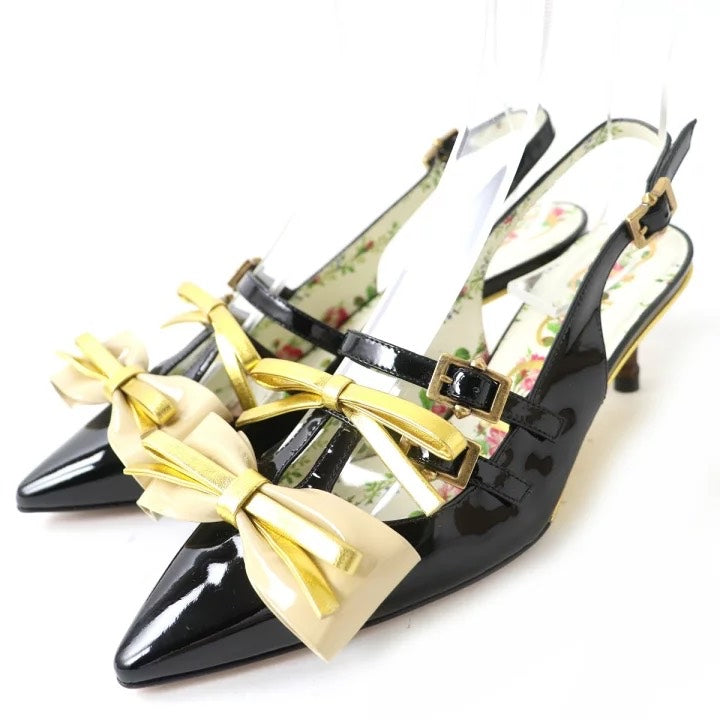 GUCCI Patent Leather Bow Slingback Heels Black Shoes