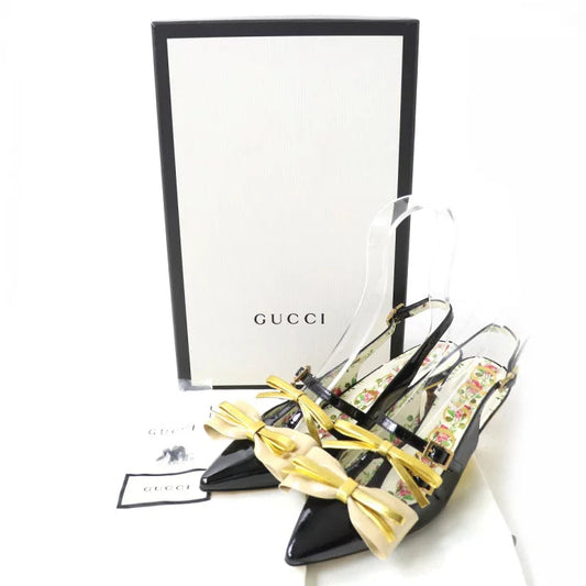 GUCCI Patent Leather Bow Slingback Heels Black Shoes