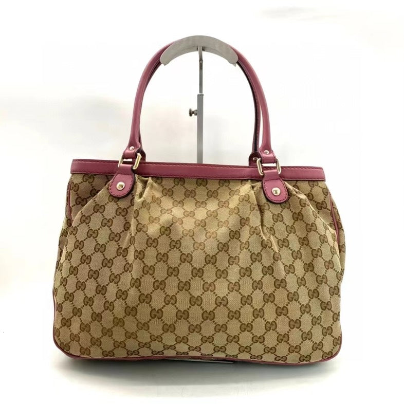 Gucci GG Canvas Beige and Pink Leather Medium Tote Bag