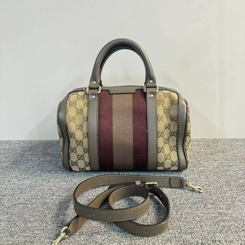 Gucci Boston Beige And Burgundy Canvas Leather Trim Two-Way Bag Medium