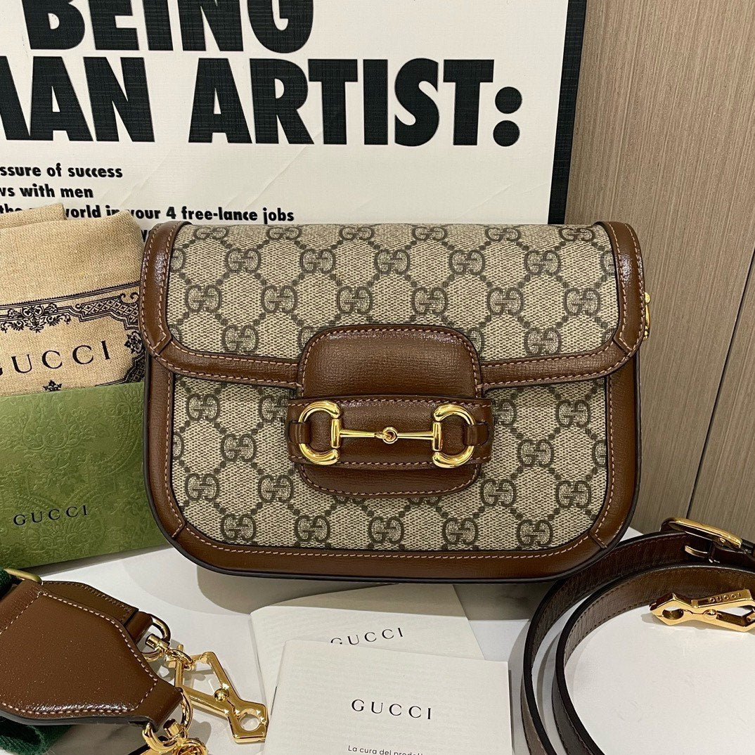 Gucci GG Supreme  Horsebit Shoulder Bag, Beige/Brown, Small