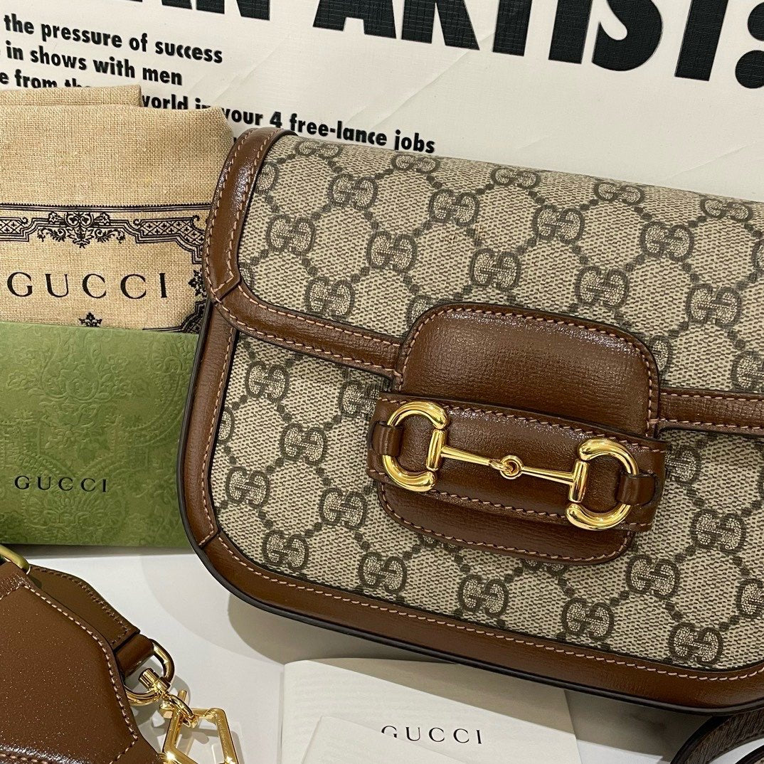 Gucci GG Supreme  Horsebit Shoulder Bag, Beige/Brown, Small