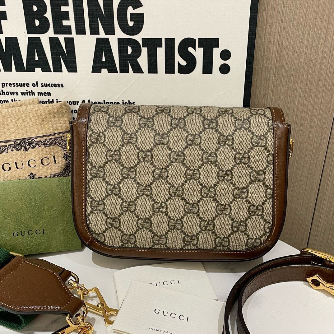 Gucci GG Supreme  Horsebit Shoulder Bag, Beige/Brown, Small