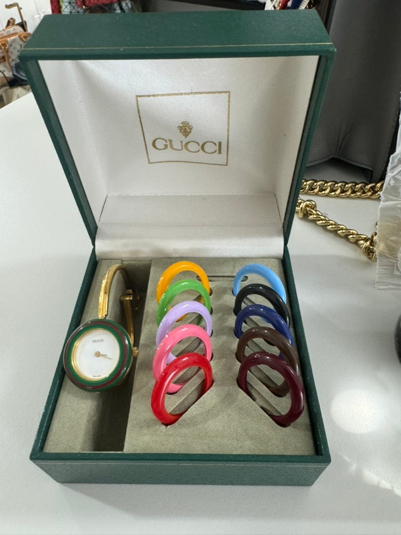 Gucci Women's Gold Plated Watch with Interchangeable Bezels -cm