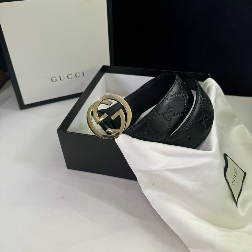 Gucci Black Leather Embossed Belt Gold GG Buckle Size /