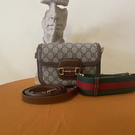 Gucci Horsebit  Beige Brown Canvas Leather Shoulder Bag Medium