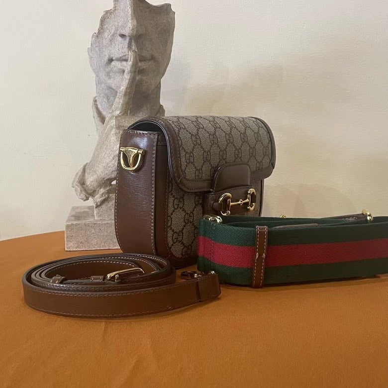 Gucci Horsebit  Beige Brown Canvas Leather Shoulder Bag Medium