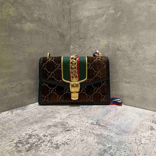 Gucci Sylvie Brown Velvet Monogram Shoulder Bag Medium