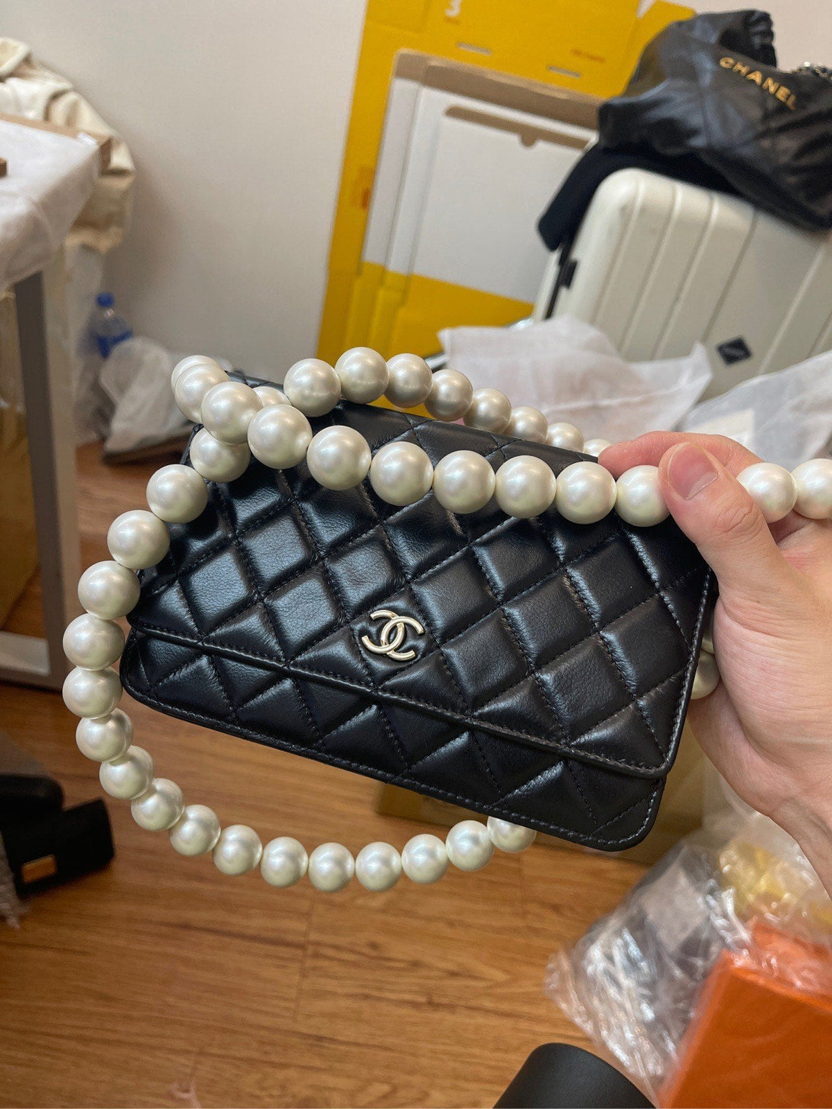 Chanel WOC Black Leather Quilted Pearl Chain Bag