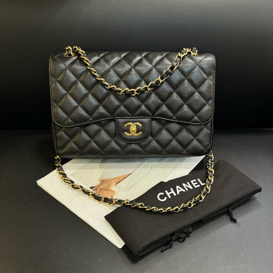Chanel CF Jumbo Black Caviar Quilted Flap Bag 30x21x9cm