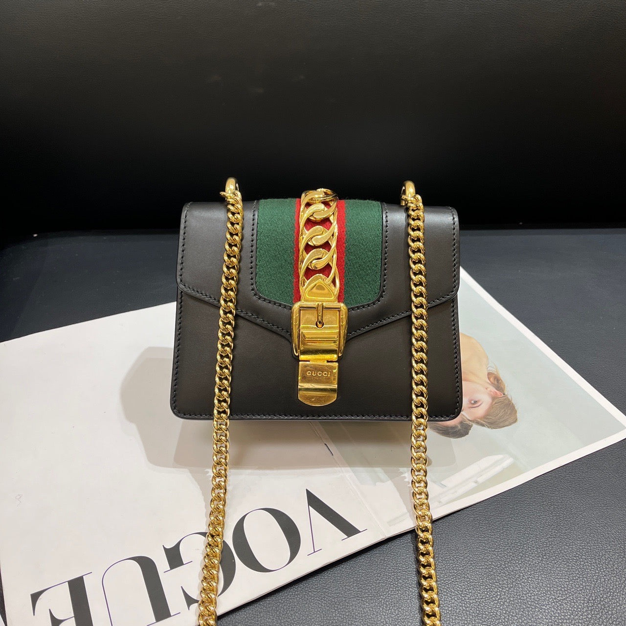 Gucci Sylvie Mini Black Leather Green Red Web Chain Bag xx. cm