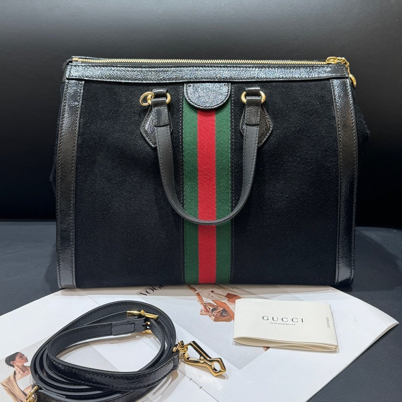 Gucci Black Suede Leather Stripe Tote Bag xxcm