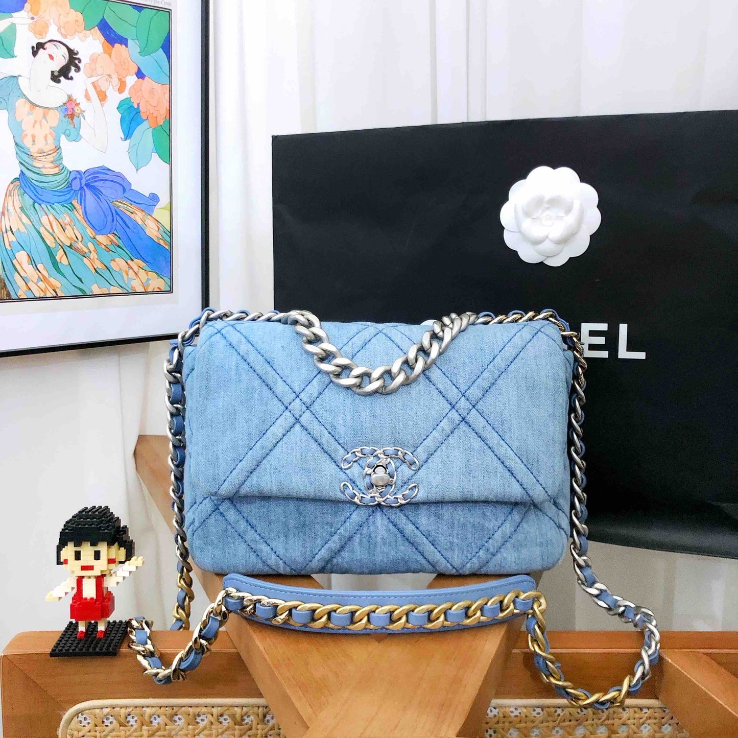 Chanel denim 19 small microchip bag
