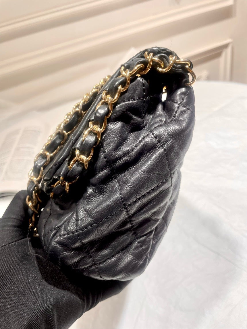 Chanel Vintage Black Gold Oil Wax Rolled Edge CF Shoulder Bag with Card