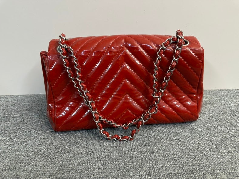 Chanel Chevron Red Patent Leather Shoulder Bag