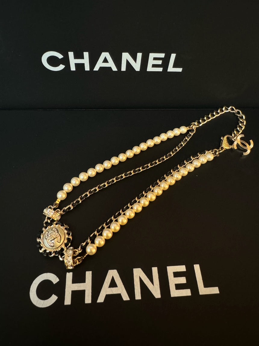 Chanel Necklace Black Gold Pearl Double-Layer Choker 21k Full Set