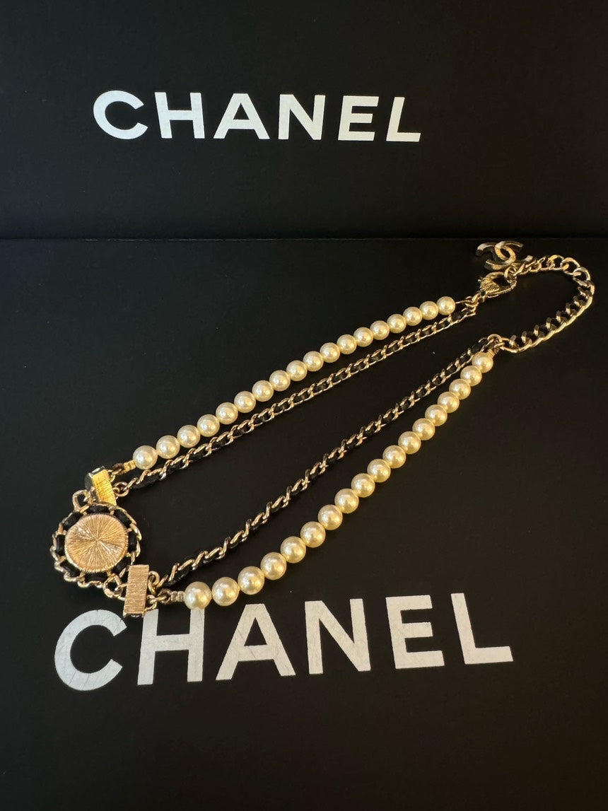 Chanel Necklace Black Gold Pearl Double-Layer Choker 21k Full Set