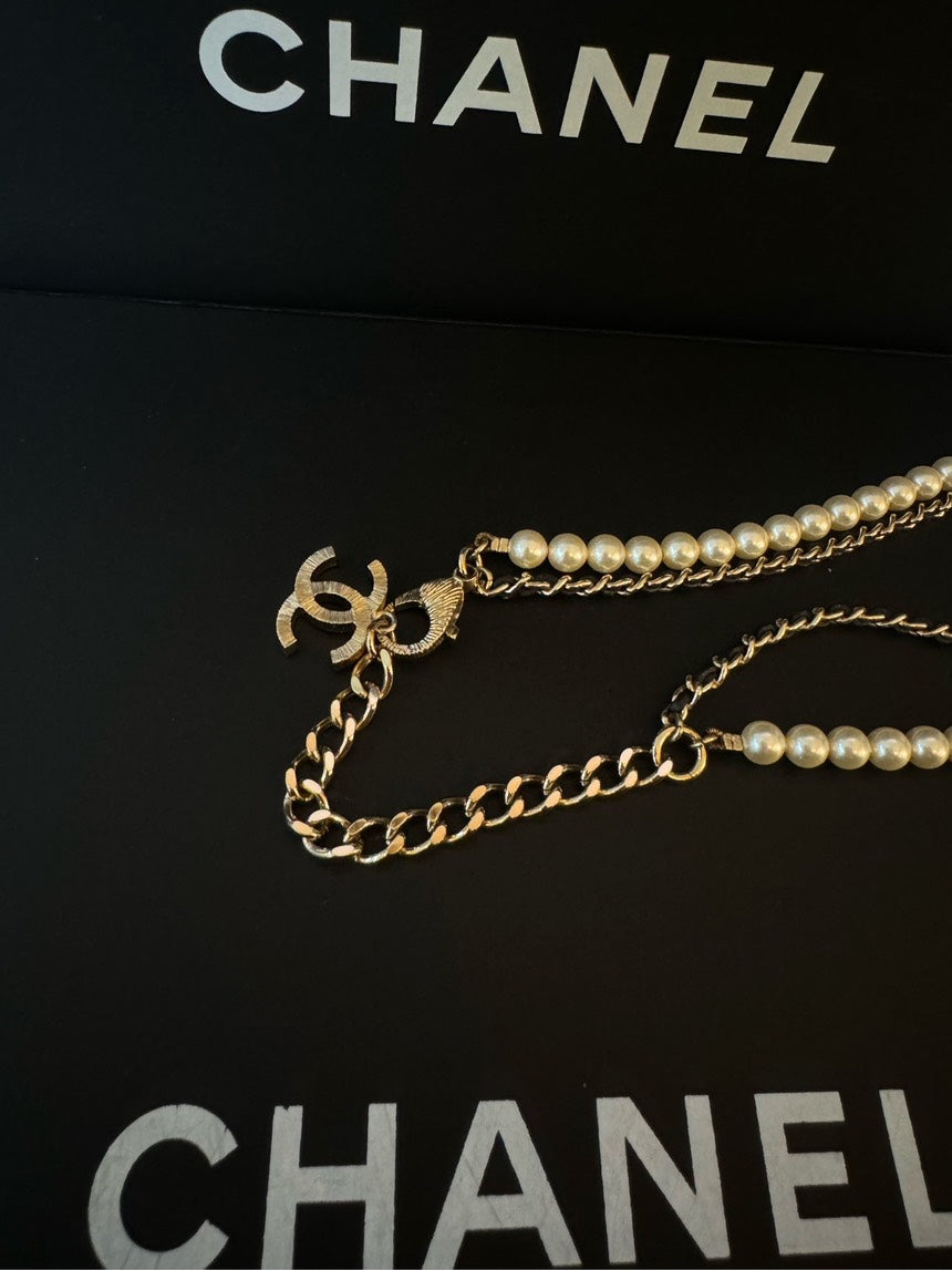 Chanel Necklace Black Gold Pearl Double-Layer Choker 21k Full Set