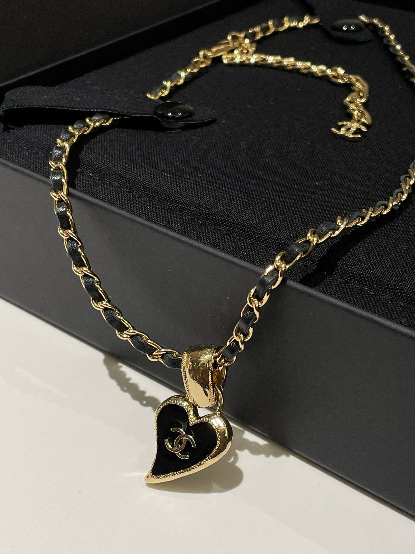Chanel 22P Heart Necklace Black Gold Pendant Necklace