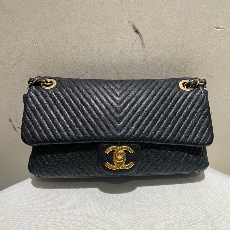 Chanel V Pattern Classic Flap Black Shoulder Bag