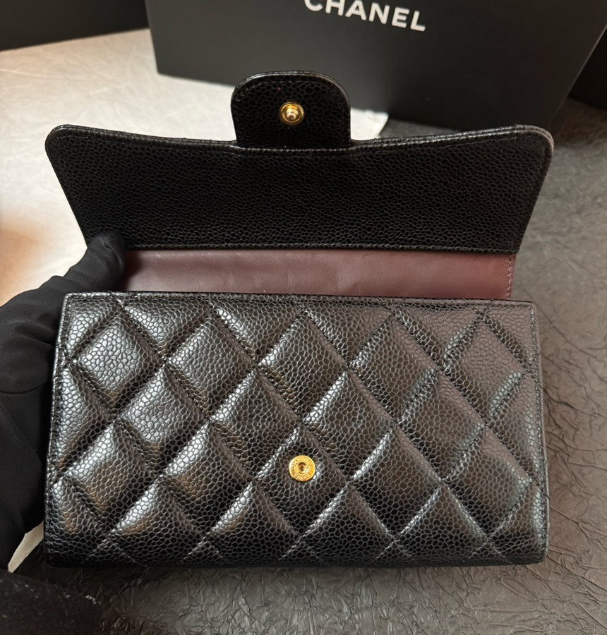 Chanel Caviar Long Wallet Black Quilted Wallet Full Set with Card #22