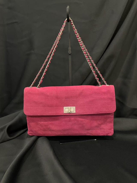 Chanel 2.55 Rose Red Chamois Bag Double Chain Leather 3ways