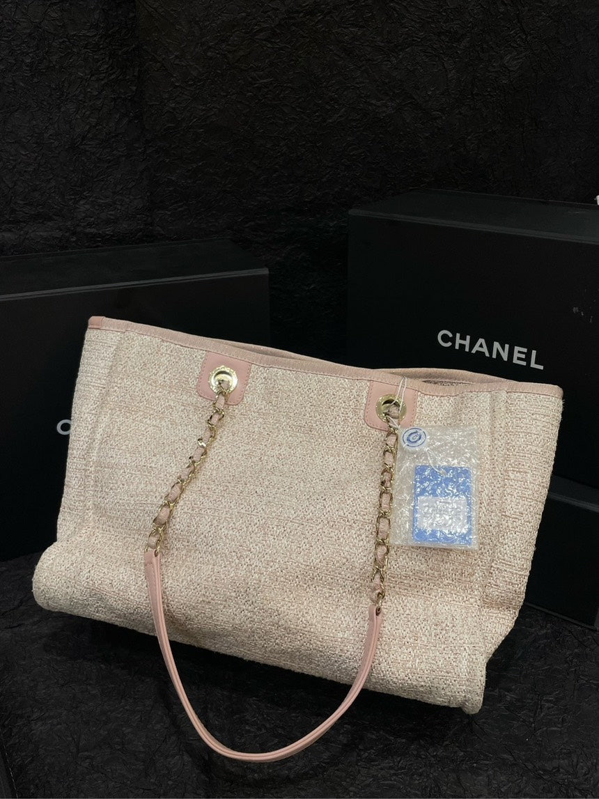 Chanel Pink Gold Knitted Beach Tote Bag with Card