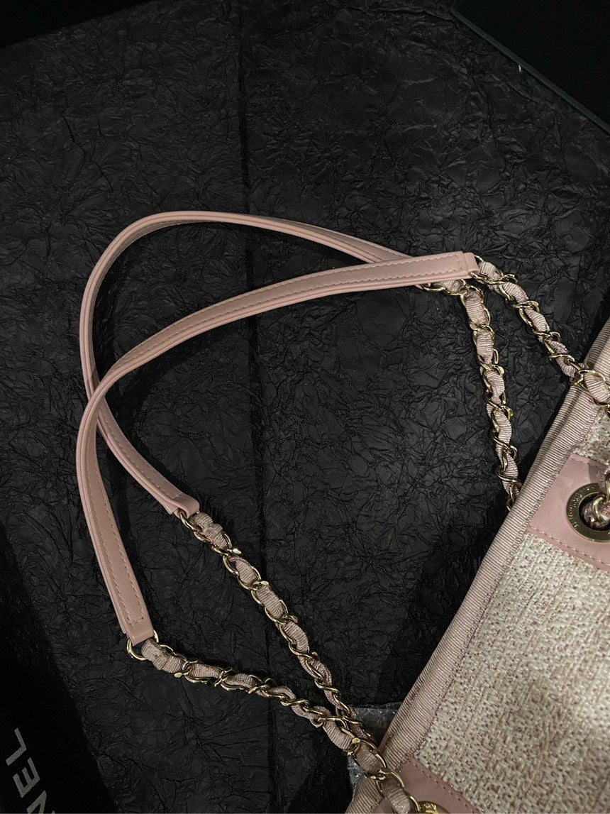 Chanel Pink Gold Knitted Beach Tote Bag with Card
