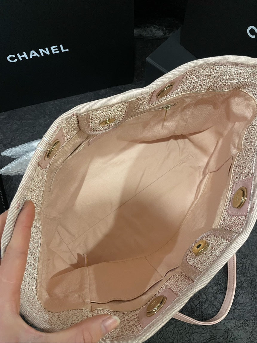 Chanel Pink Gold Knitted Beach Tote Bag with Card