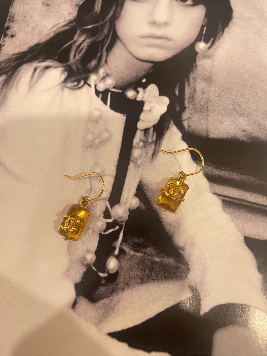 Chanel Acrylic Gold Glaze Square CC Drop Earrings