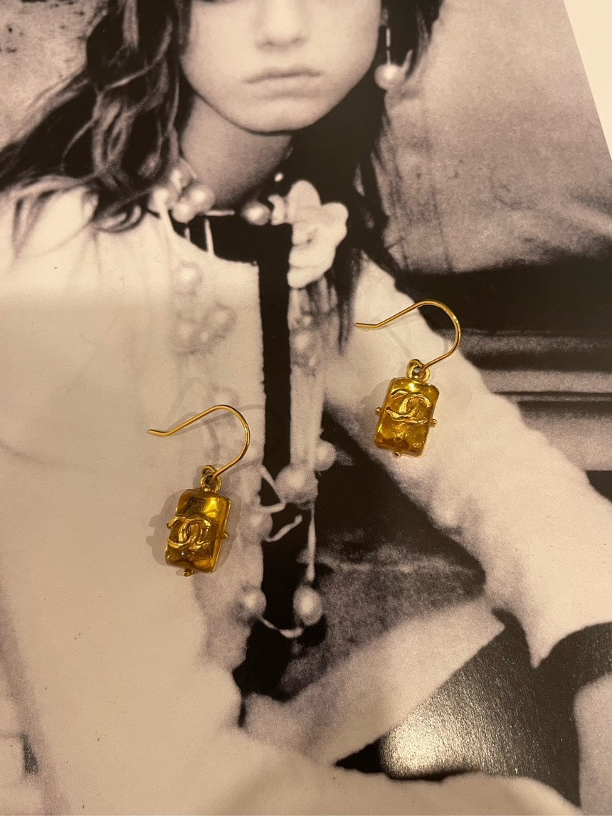 Chanel Acrylic Gold Glaze Square CC Drop Earrings