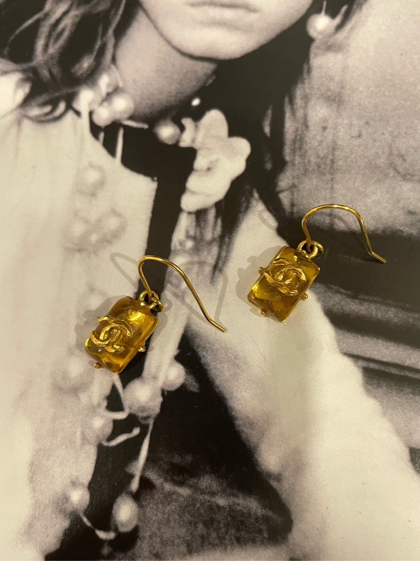 Chanel Acrylic Gold Glaze Square CC Drop Earrings