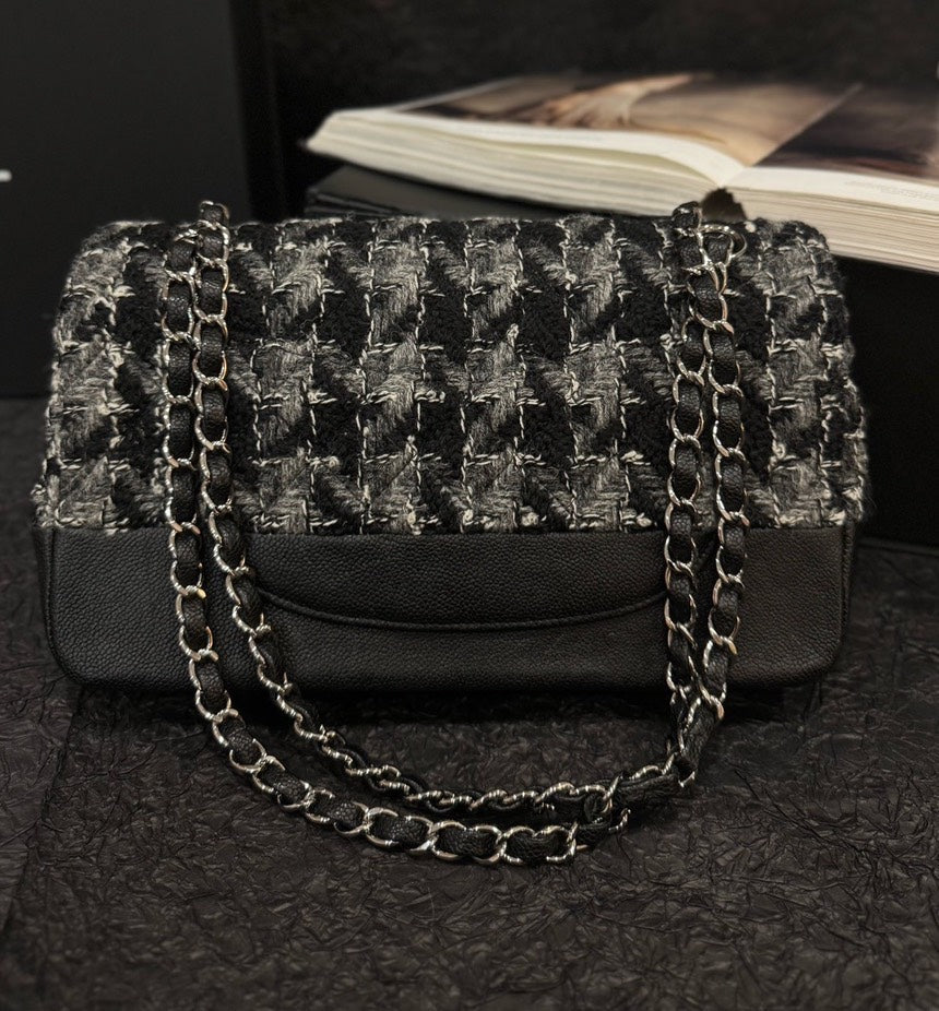 Chanel CF Linton Tweeds & Caviar Leather Black Double Flaps Bag