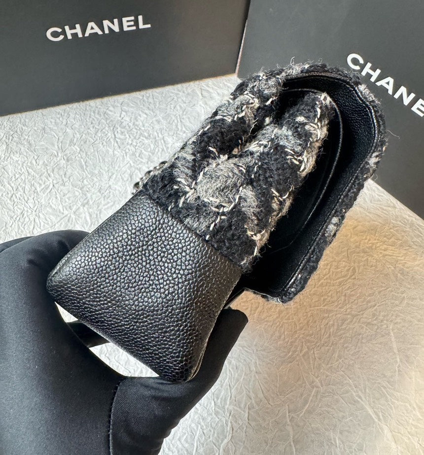 Chanel CF Linton Tweeds & Caviar Leather Black Double Flaps Bag