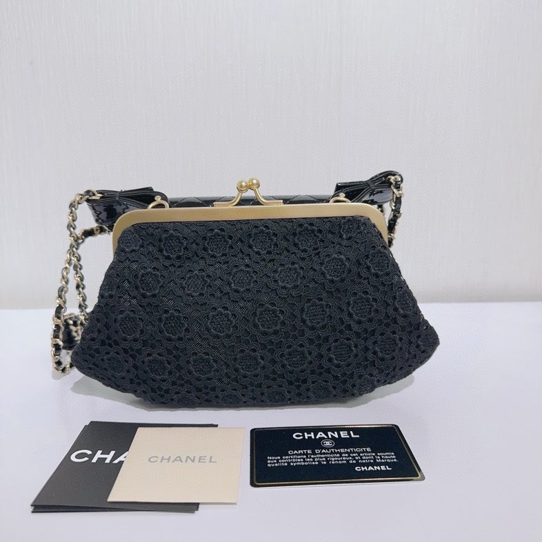 Chanel Patent and Lace Twin Chain Bag Black Shoulder Bag