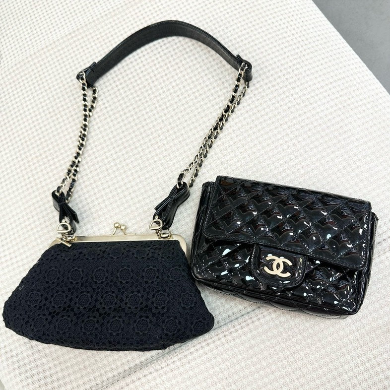 Chanel Patent and Lace Twin Chain Bag Black Shoulder Bag