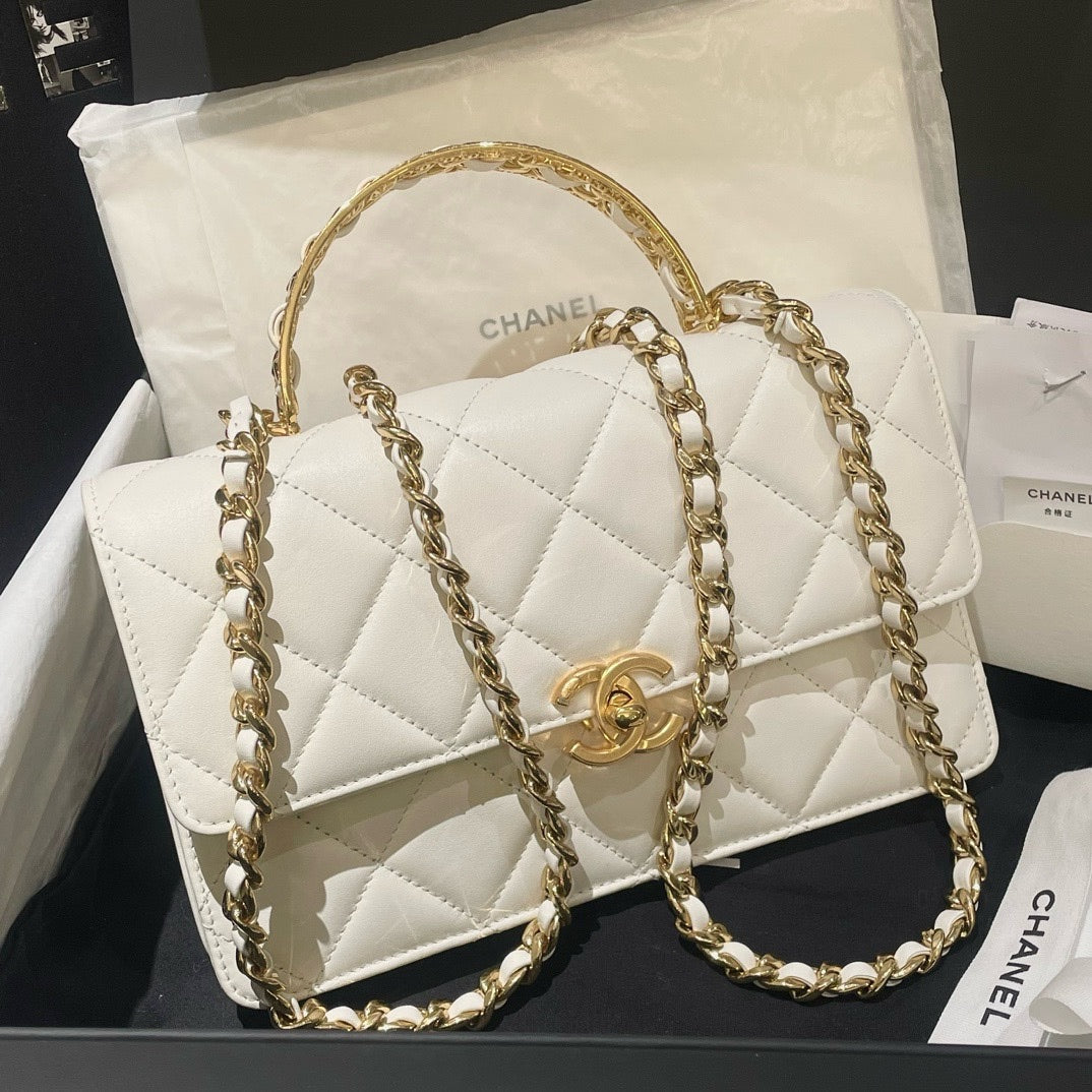 Chanel 24P Top Handle Flap Bag in White Leather