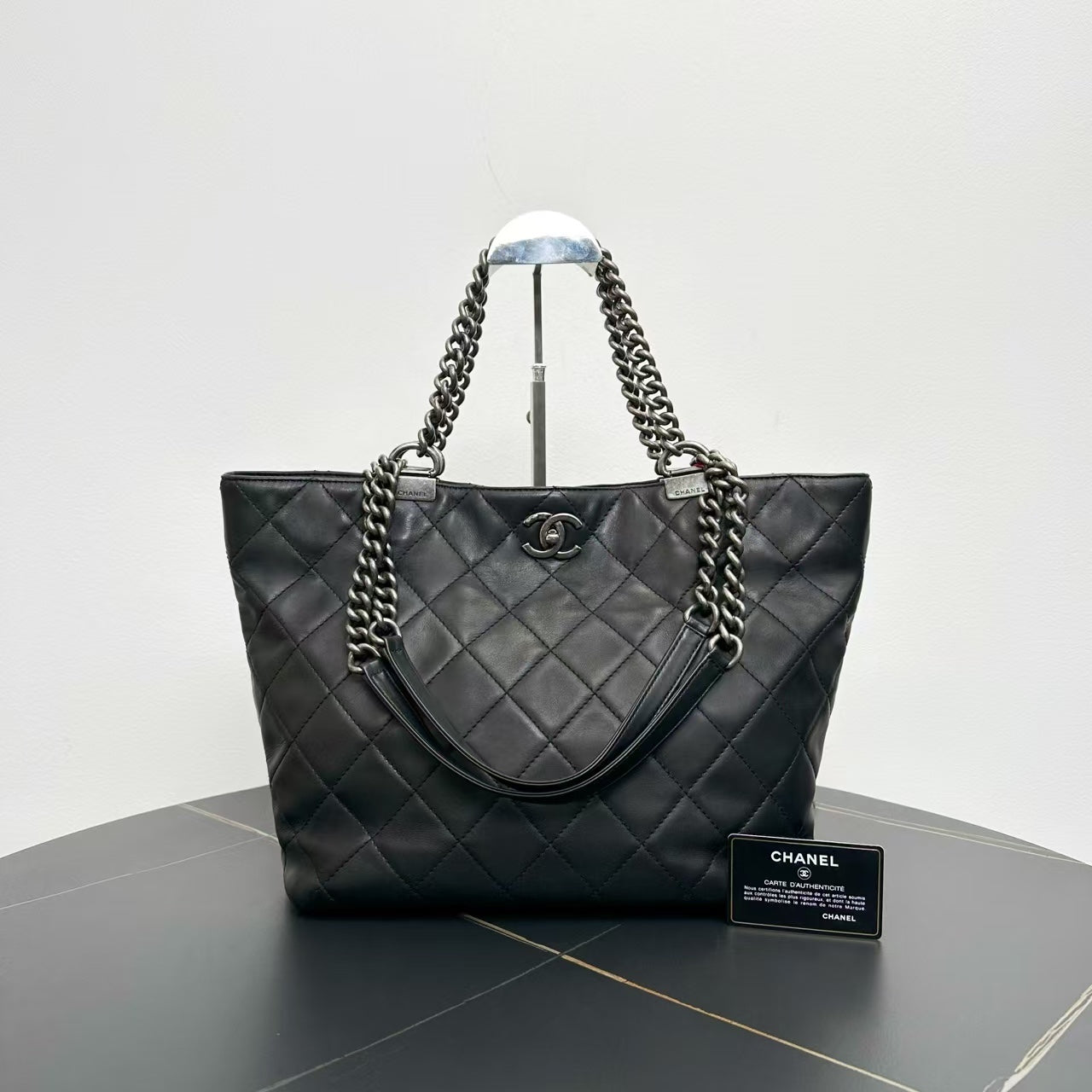 Chanel Quilted Tote Bag Black Leather Large
