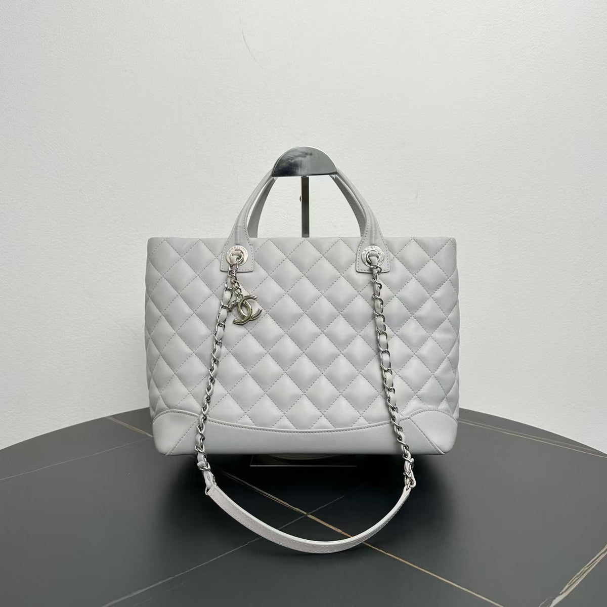 Chanel Quilted Two-Way Bag 2018 in Light Gray Leather