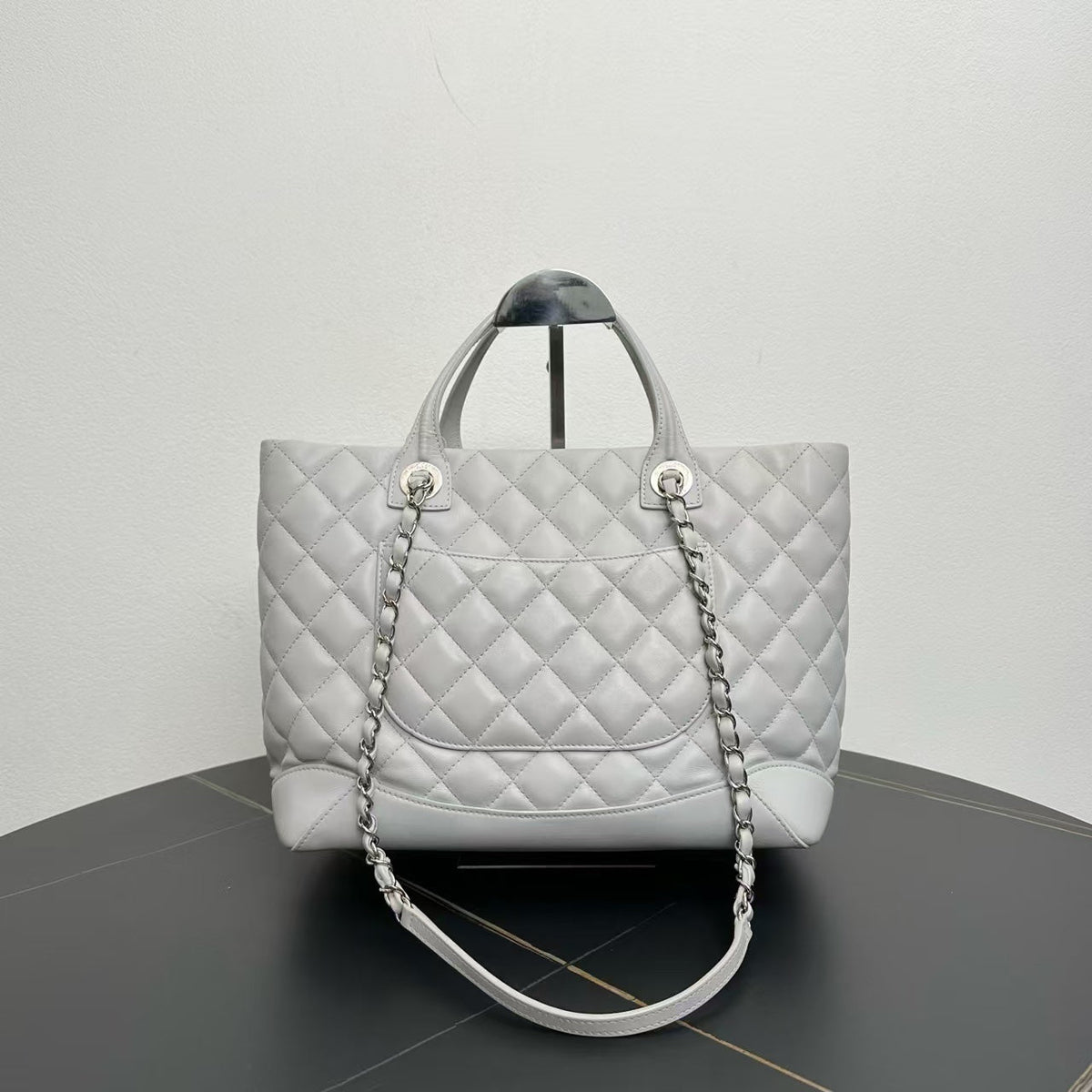 Chanel Quilted Two-Way Bag 2018 in Light Gray Leather