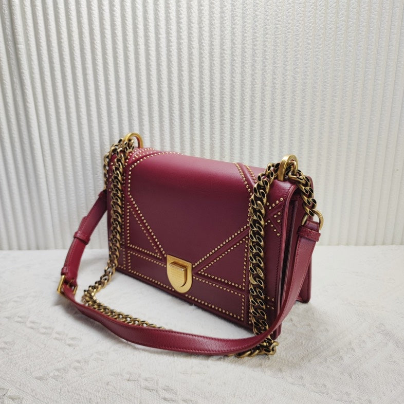 Preloved Dior Studded Crossbody Bag in Burgundy Leather - 12070748