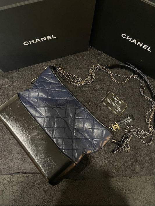 Chanel Gabrielle M Size Black Quilted Leather Shoulder Bag with Card