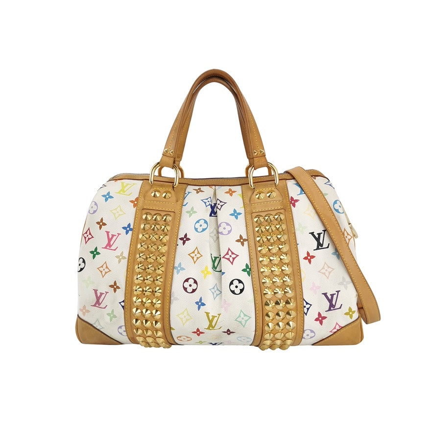 Preloved Louis Vuitton Multicolored Speedy Satchel Bag in White Canvas