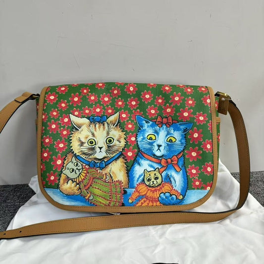 Preloved Un Gucci GG Marmont Cat Print Green Canvas Crossbody Bag