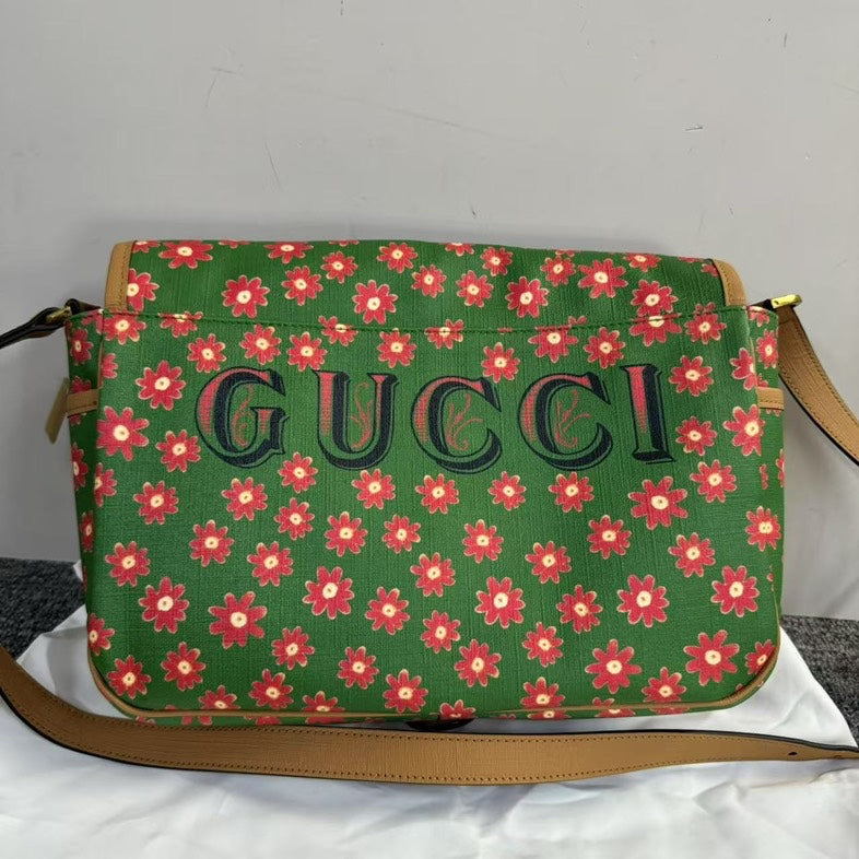 Preloved Un Gucci GG Marmont Cat Print Green Canvas Crossbody Bag