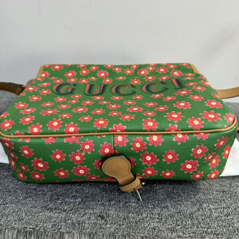 Preloved Un Gucci GG Marmont Cat Print Green Canvas Crossbody Bag