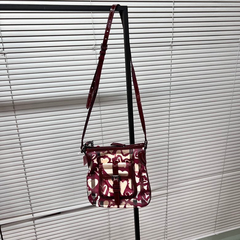 Preloved Burberry Patent Leather Heart Print Crossbody Bag Red Z3035