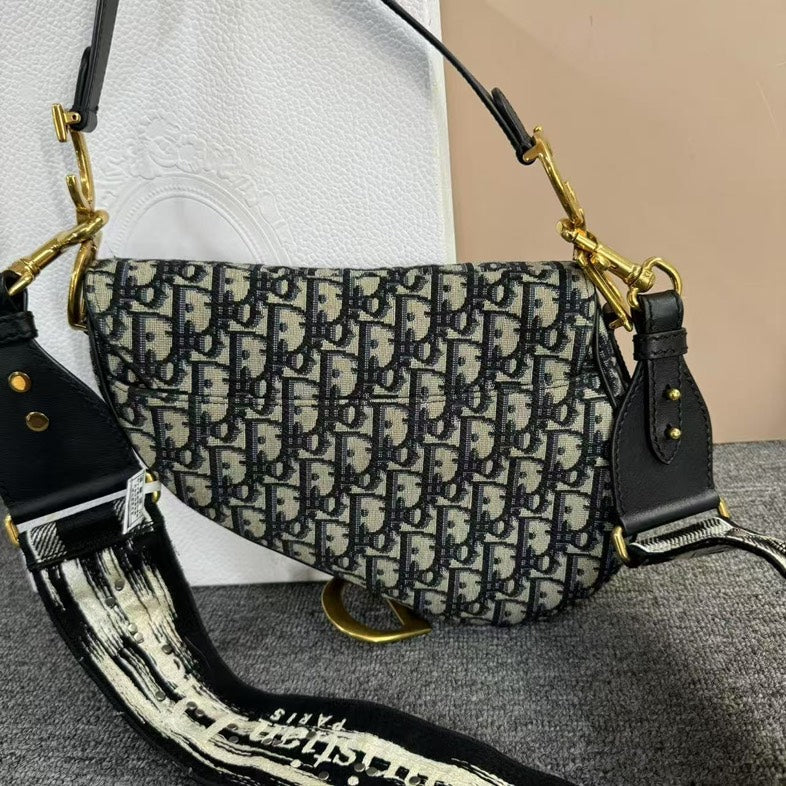 Preloved Dior Oblique Saddle Bag Navy Blue Crossbody