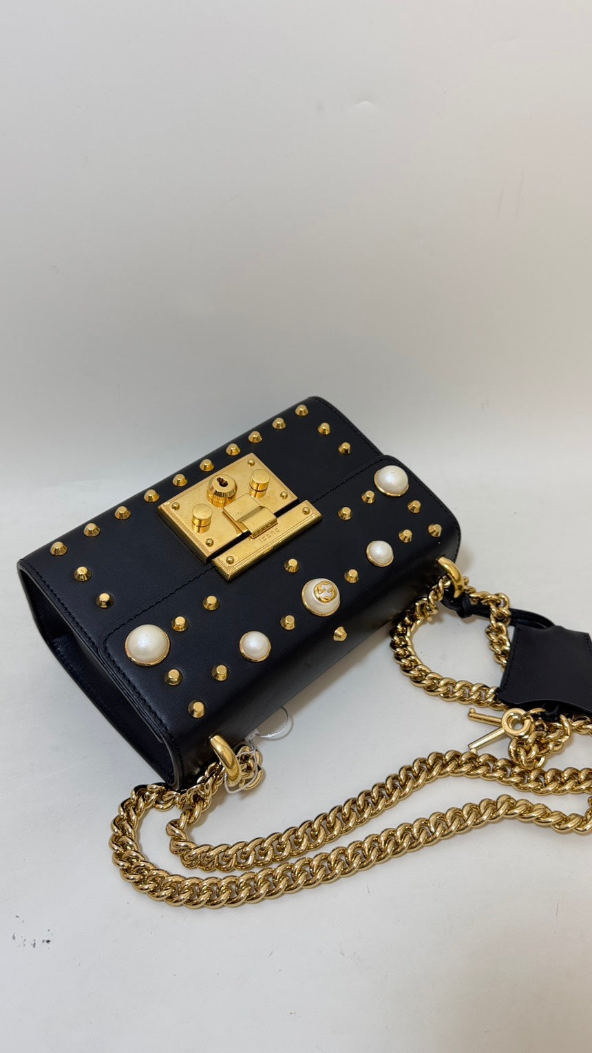 Gucci Black Padlock Shoulder Bag with Gold Studs