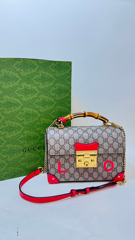 Gucci Bamboo GG Satchel Bag in Red/Beige Canvas with Keys